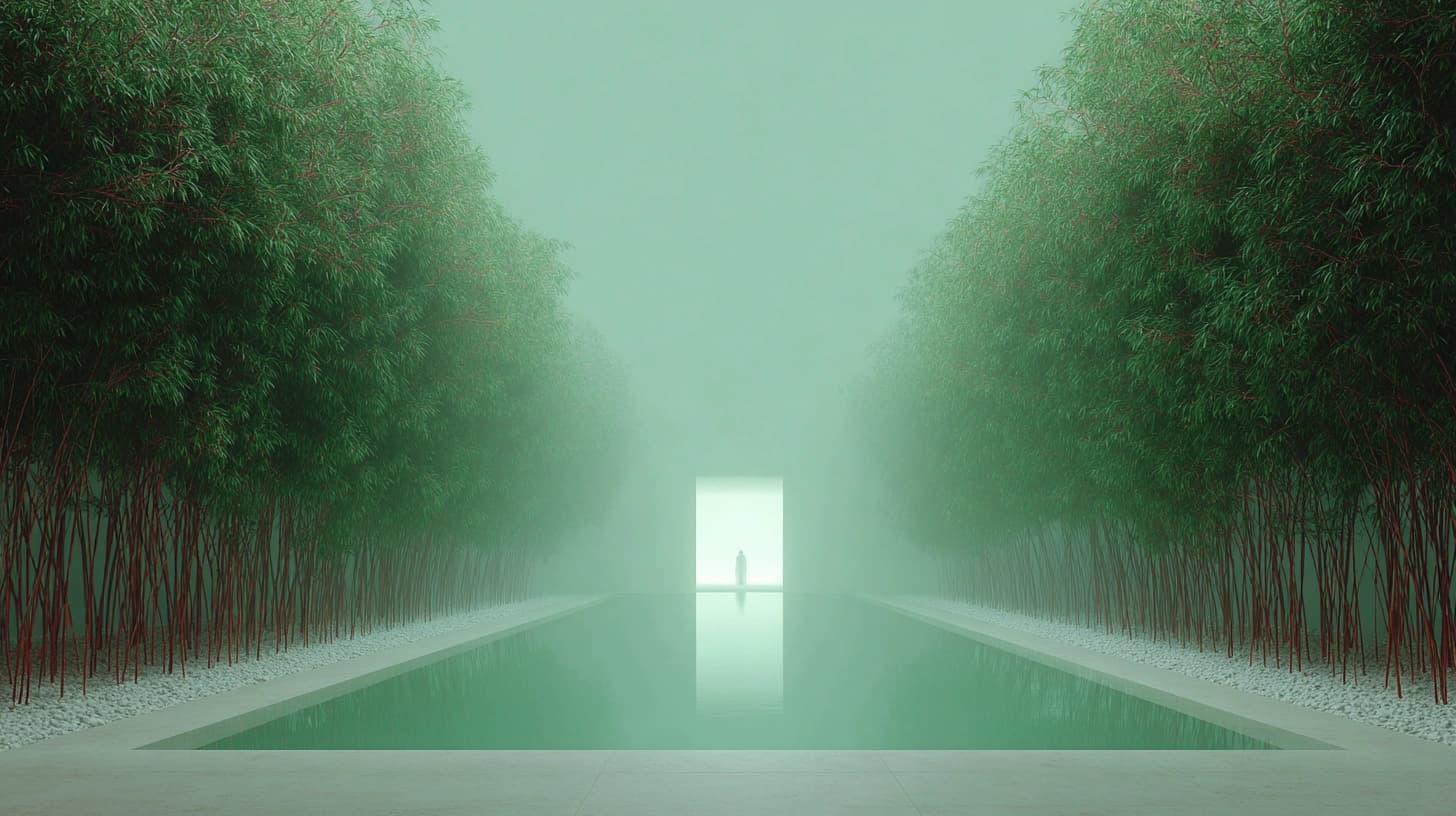 Bambuskorridor mit Lichtportal — geradlinig wie durchdachte Terminplanung