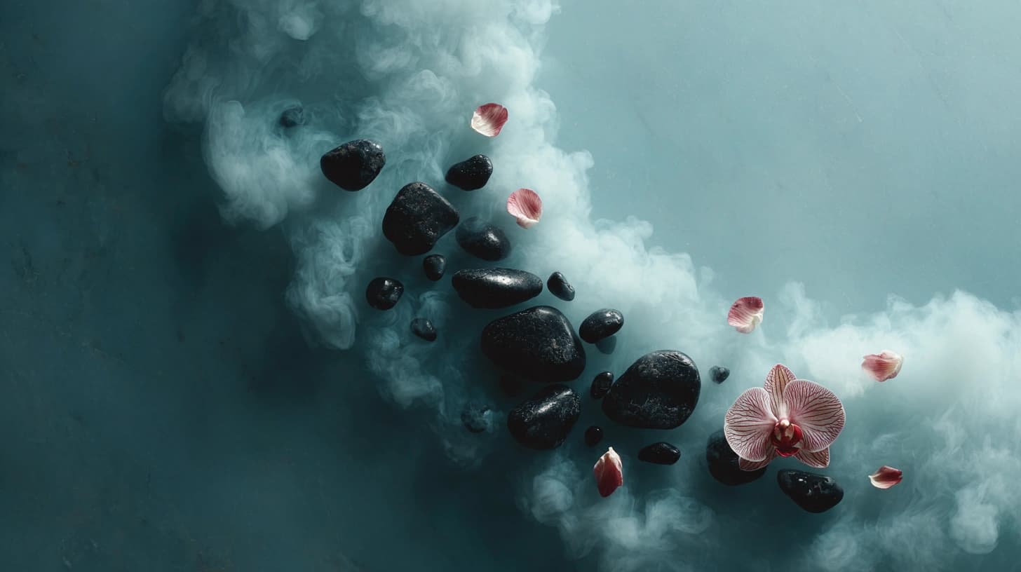 Hot Stones mit Orchidee aus der Vogelperspektive — symbolisiert ein durchdachtes Gästeerlebnis