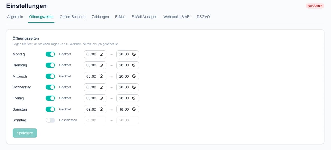 Einstellungen — Öffnungszeiten pro Tag konfigurieren