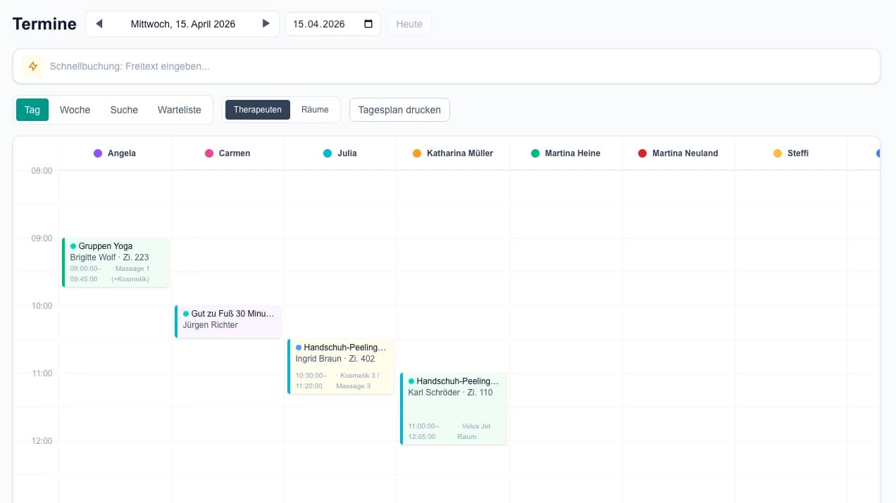 Hotel Pilot Terminkalender — Wochenansicht mit farbcodierten Terminen