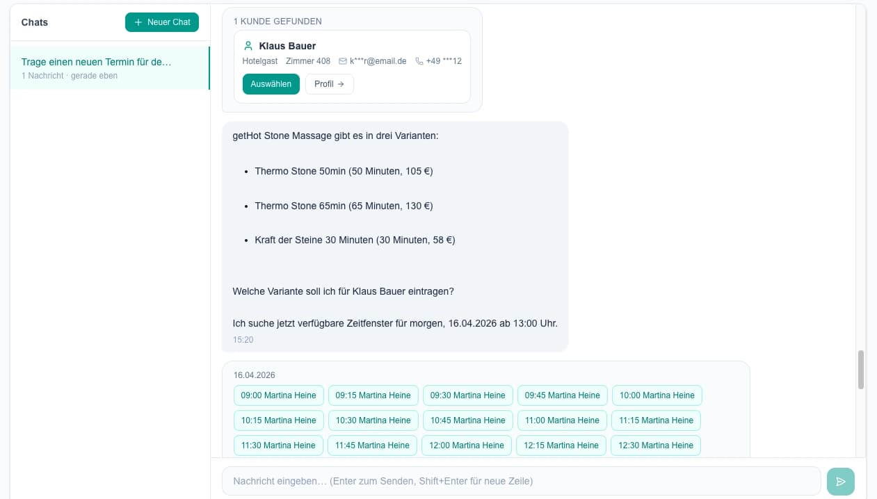 Hotel Pilot KI-Chat — echte Konversation mit Behandlungsvorschlägen