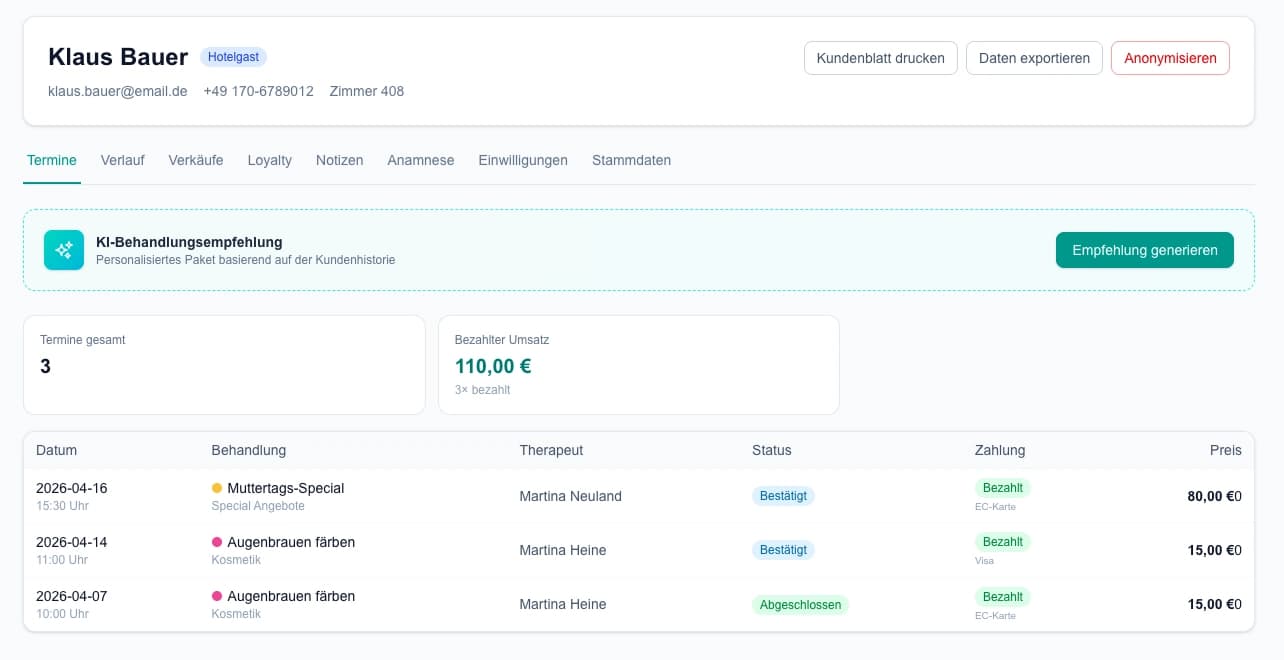 Kundenprofil mit Behandlungshistorie und Umsatzübersicht