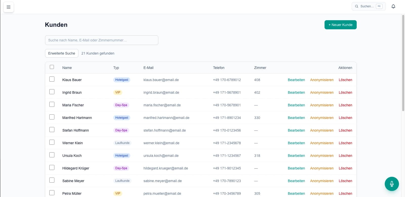 Hotel Pilot Kundenverwaltung — 360-Grad Profile mit Suchfunktion